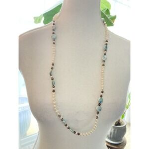 Freshwater Pearl Mother of Pearl Bead Necklace Long Cream Aqua Coastal Beachy